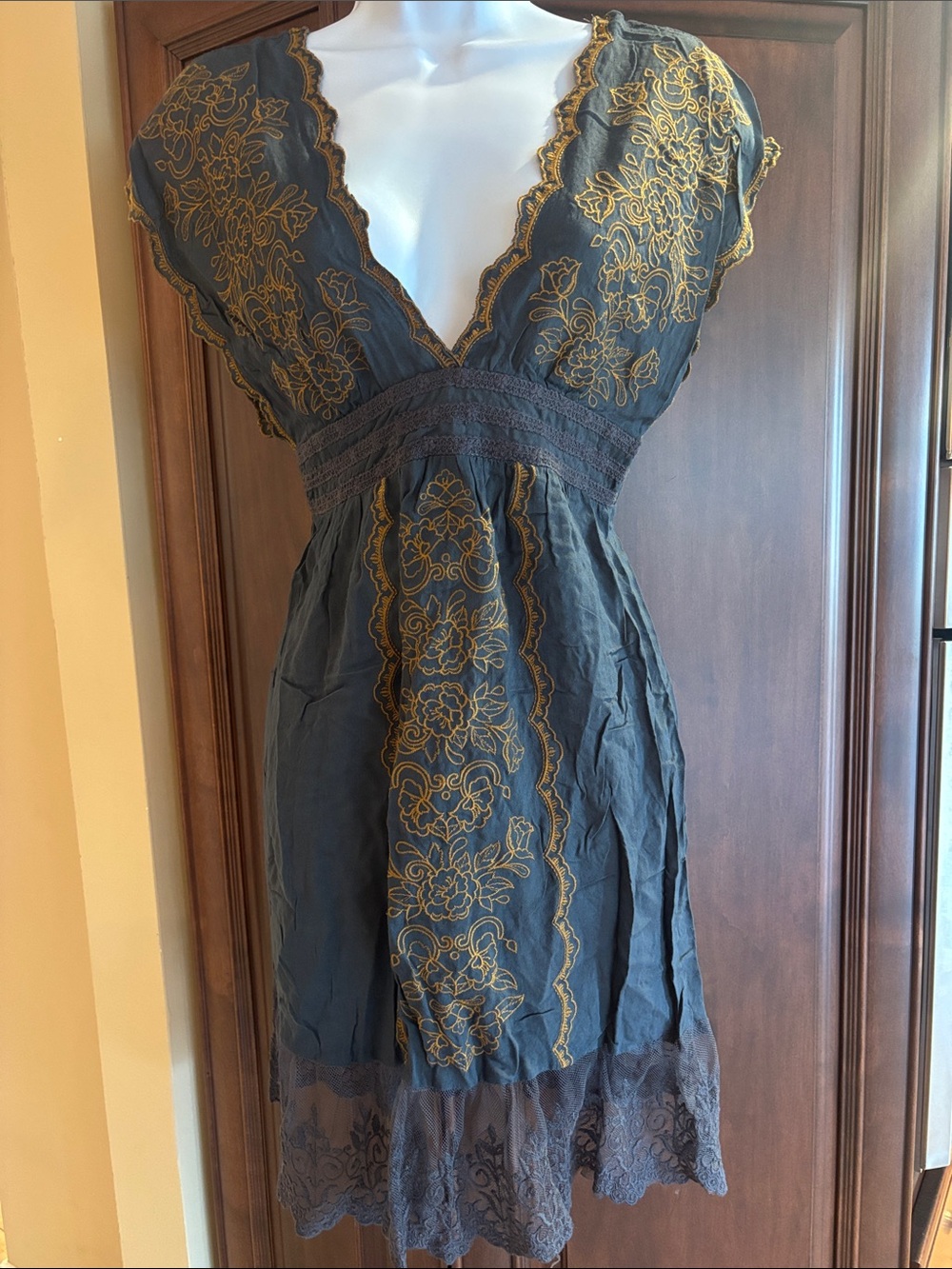 Flying Tomato Charcoal Dress with Gold Floral Embroidery